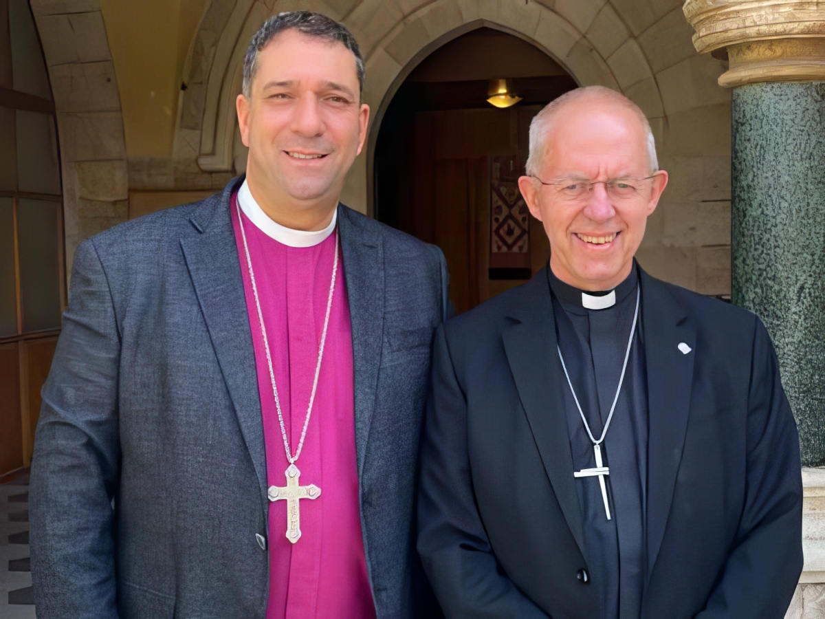 Archbishop Hosam with Archbishop Justin outside St George's Cathedral, Jerualem