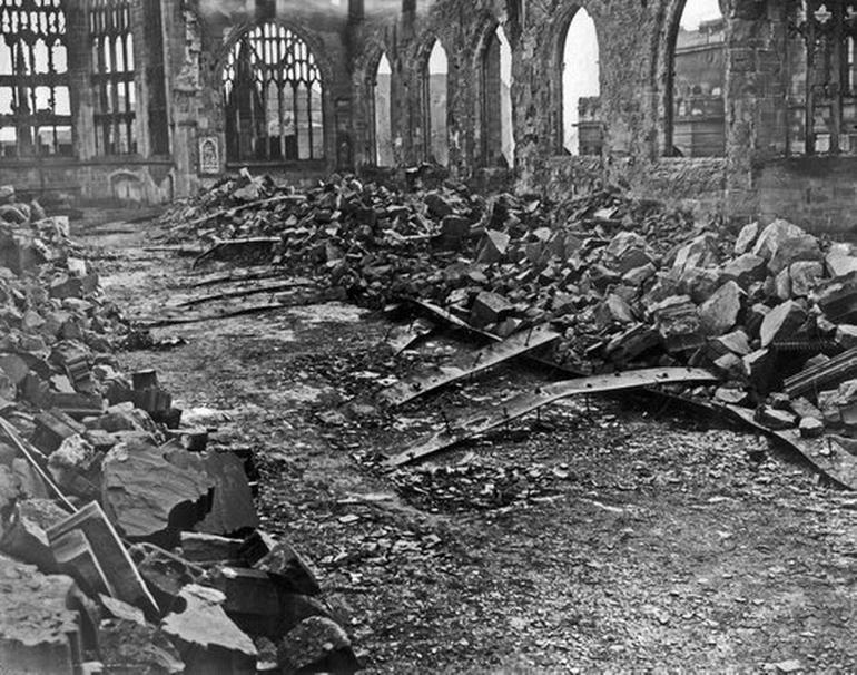 The ruins of the old cathedral, showing nails