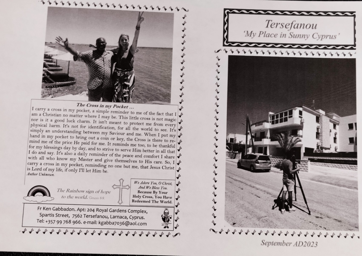 A copy of Fr Ken's cvurrent newsletter showing a picture of him with the Channel 4 presenter