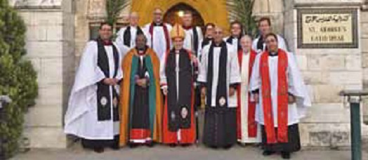 Bishop Michael Curry with Bishop Suheil and local clergy outside St George's cathedral
