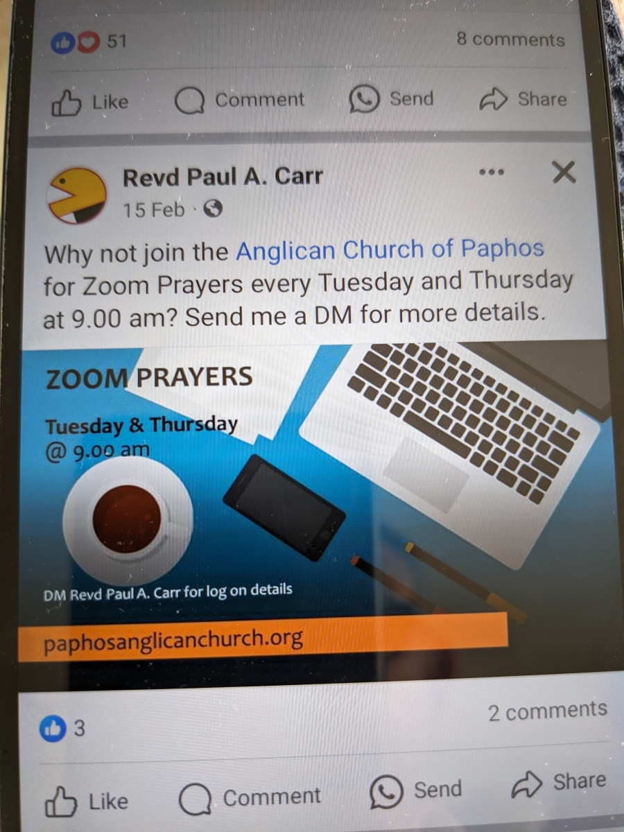 Paul's facebook invitation to online prayers