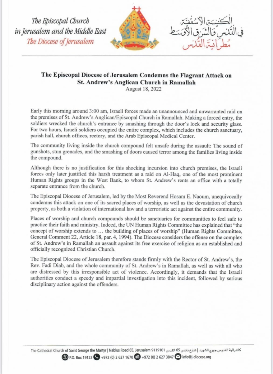 Statement from the Diocese of Jerusalem condemning the attack on St Andrews Church