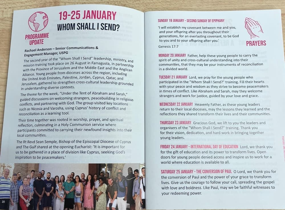 Inside page of the diary , open at the week for prayer