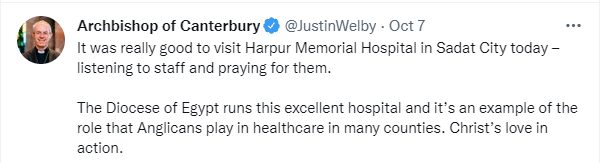  It was really good to visit Harpur Memorial Hospital in Sadat City today – listening to staff and praying for them. The Diocese of Egypt runs this excellent hospital and it’s an example of the role that Anglicans play in healthcare in many counties. Christ’s love in action.